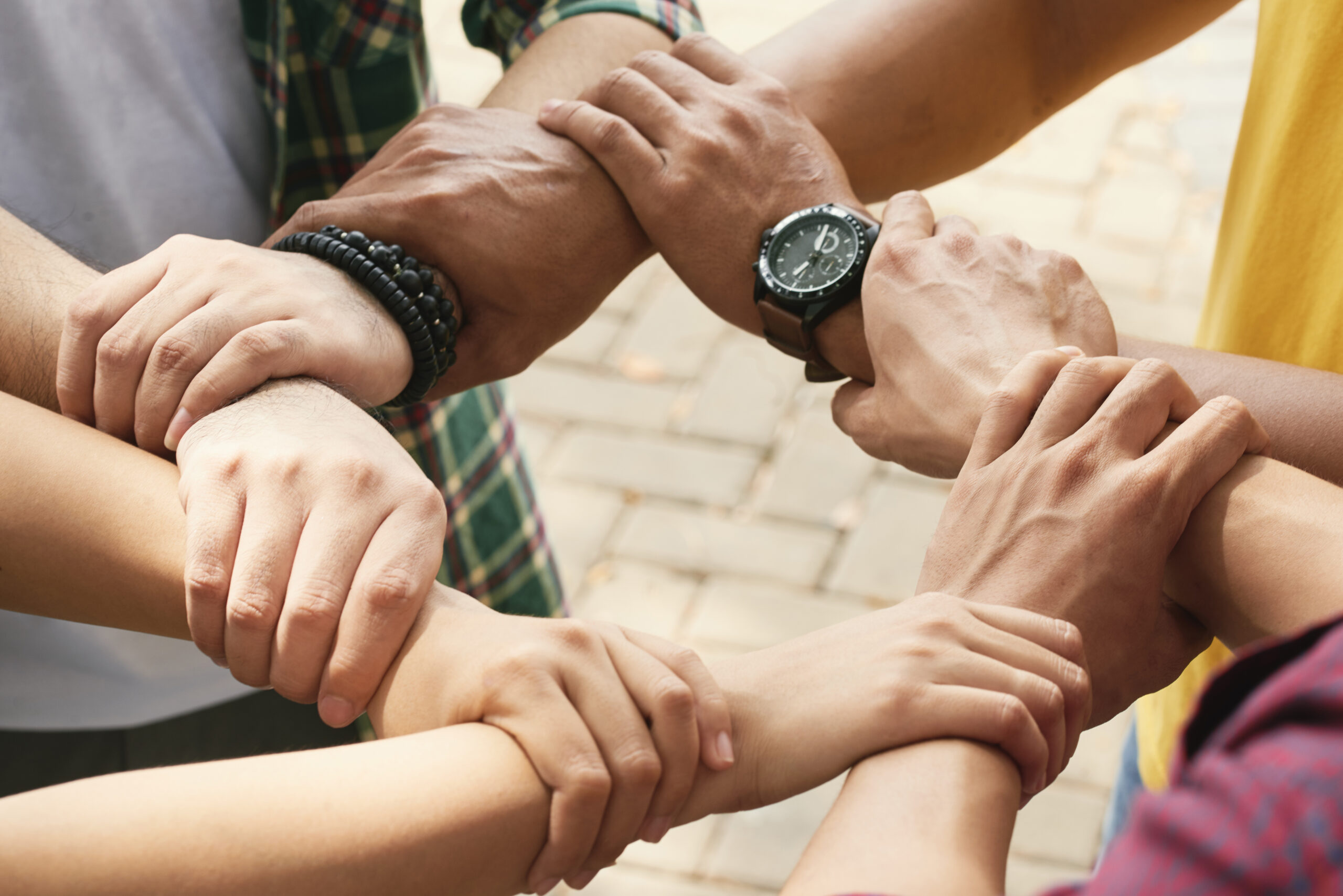 Close-up image of people holding each others wrists